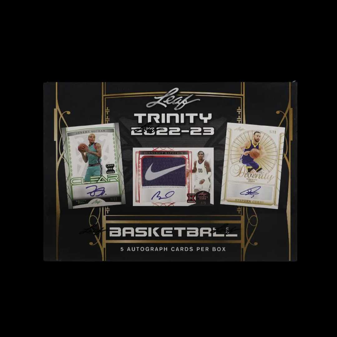 2022-23 Leaf Trinity Basketball NBA Hobby Box featuring six cards with on-card autographs and authentic patch cards of NBA prospects.