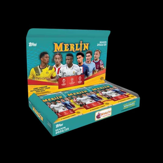 Front view of the 2022/23 Topps Merlin UEFA Champions League Soccer Hobby Box featuring hobby-exclusive parallels and autographs from top players in the 2022/23 UEFA Champions League.