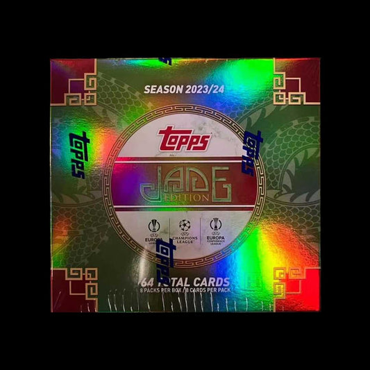 A sealed 2023/24 Topps UEFA Club Competitions Jade Edition Soccer Hobby Box featuring premium trading cards with exclusive jade-themed accents, autographs, and parallels.