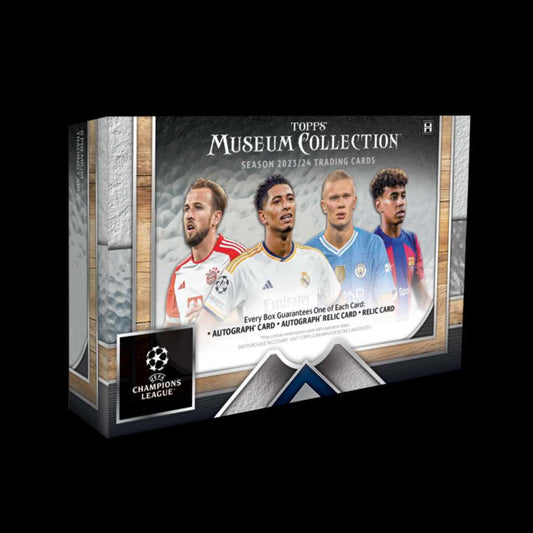 A sealed 2023/24 Topps UEFA Club Competitions Museum Collection Soccer Hobby Box featuring premium soccer trading cards, including autograph and relic cards of top UEFA stars.