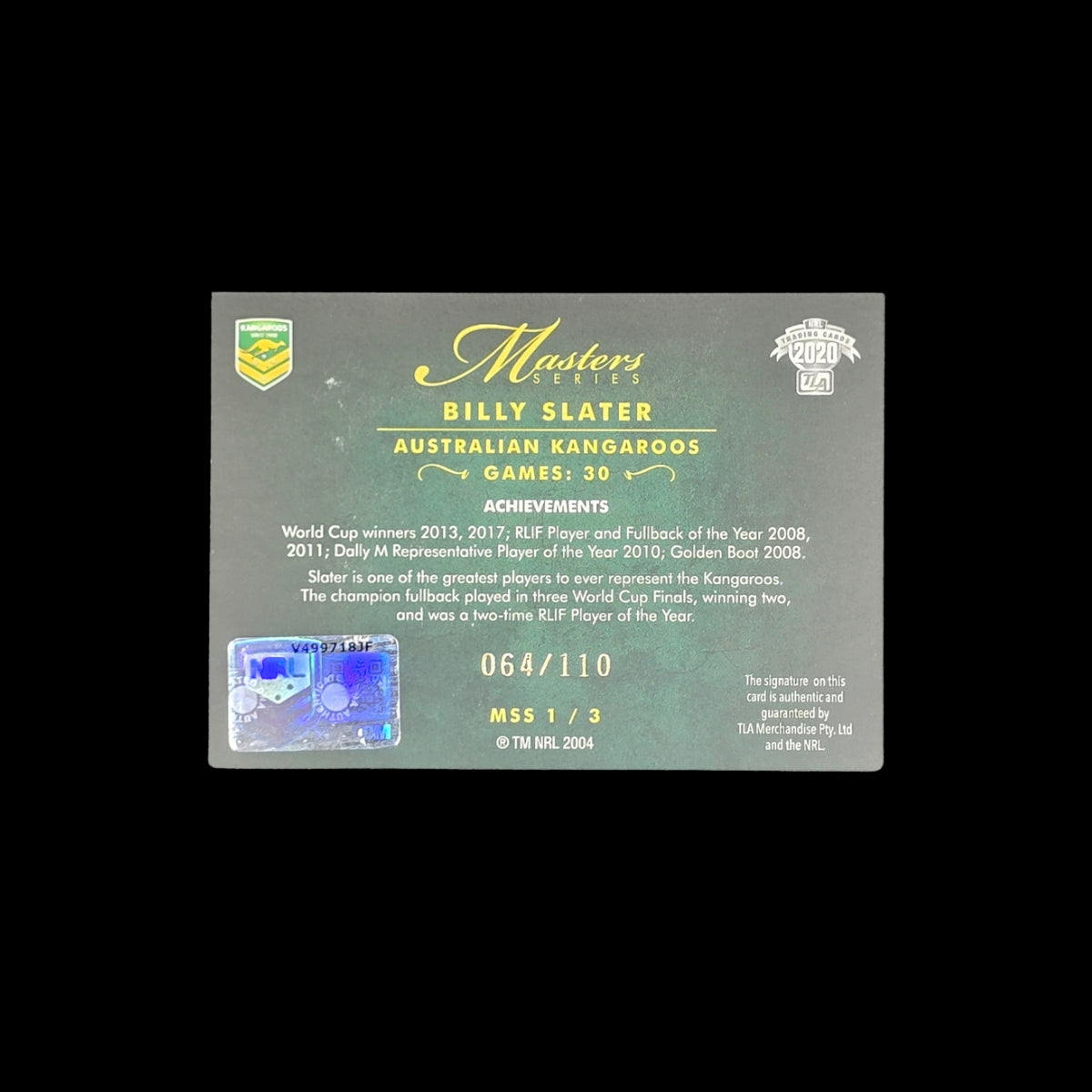 Billy Slater 2020 NRL Elite Masters Series Autograph 064/110 - Australia