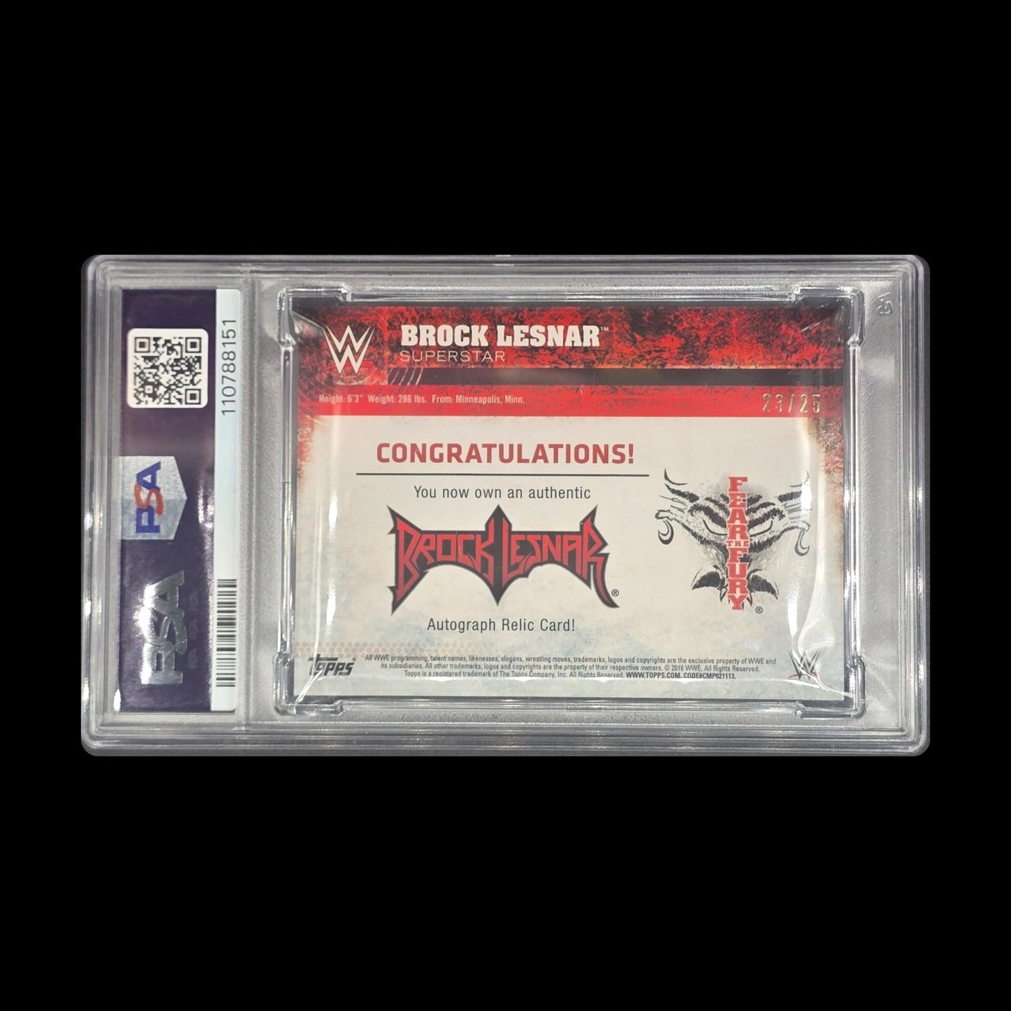 Brock Lesnar 2016 Topps WWE Then Now Forever autograph relic card numbered 23 of 25 PSA slab - back