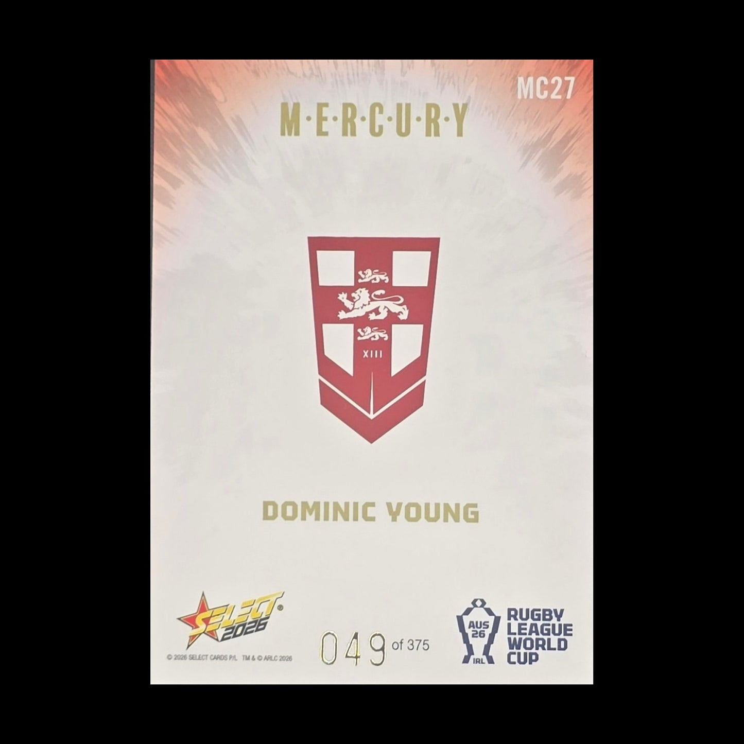 Dominic Young 2026 Select Rugby League World Cup Mercury MC27 England rugby league trading card numbered 049 of 375 - back