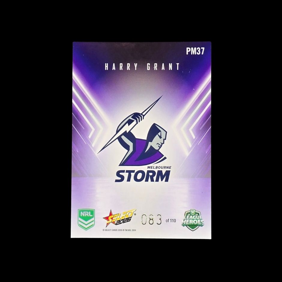 Harry Grant 2026 Select League Heroes Playmakers PM37 Melbourne Storm trading card numbered 083 of 110