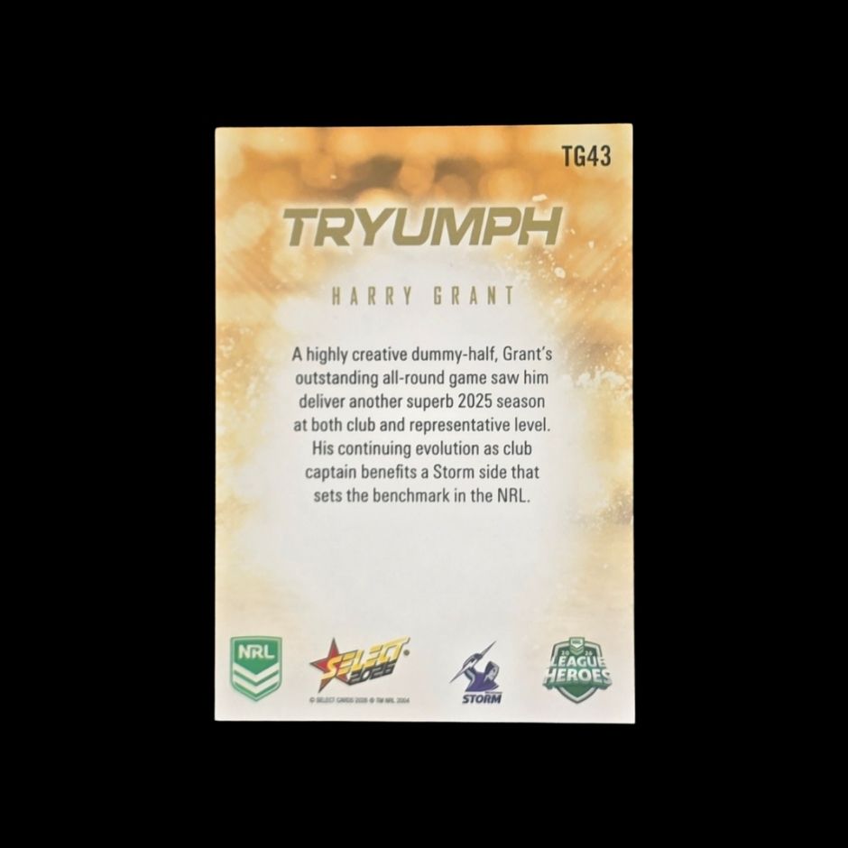 Harry Grant 2026 Select League Heroes Triumph Gold TG43 Melbourne Storm trading card numbered 47 of 80