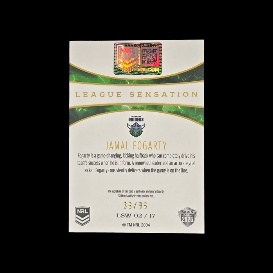 Jamal Fogarty 2025 NRL Elite League Sensation Autograph LSW02 Canberra Raiders rugby league trading card numbered 38 of 96