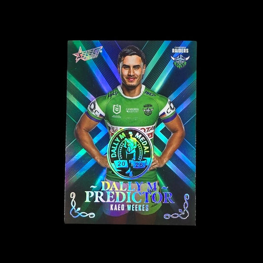 Kaeo Weekes 2026 Select Dally M Predictor Signature Platinum DPP5 Canberra Raiders trading card numbered 22 of 80