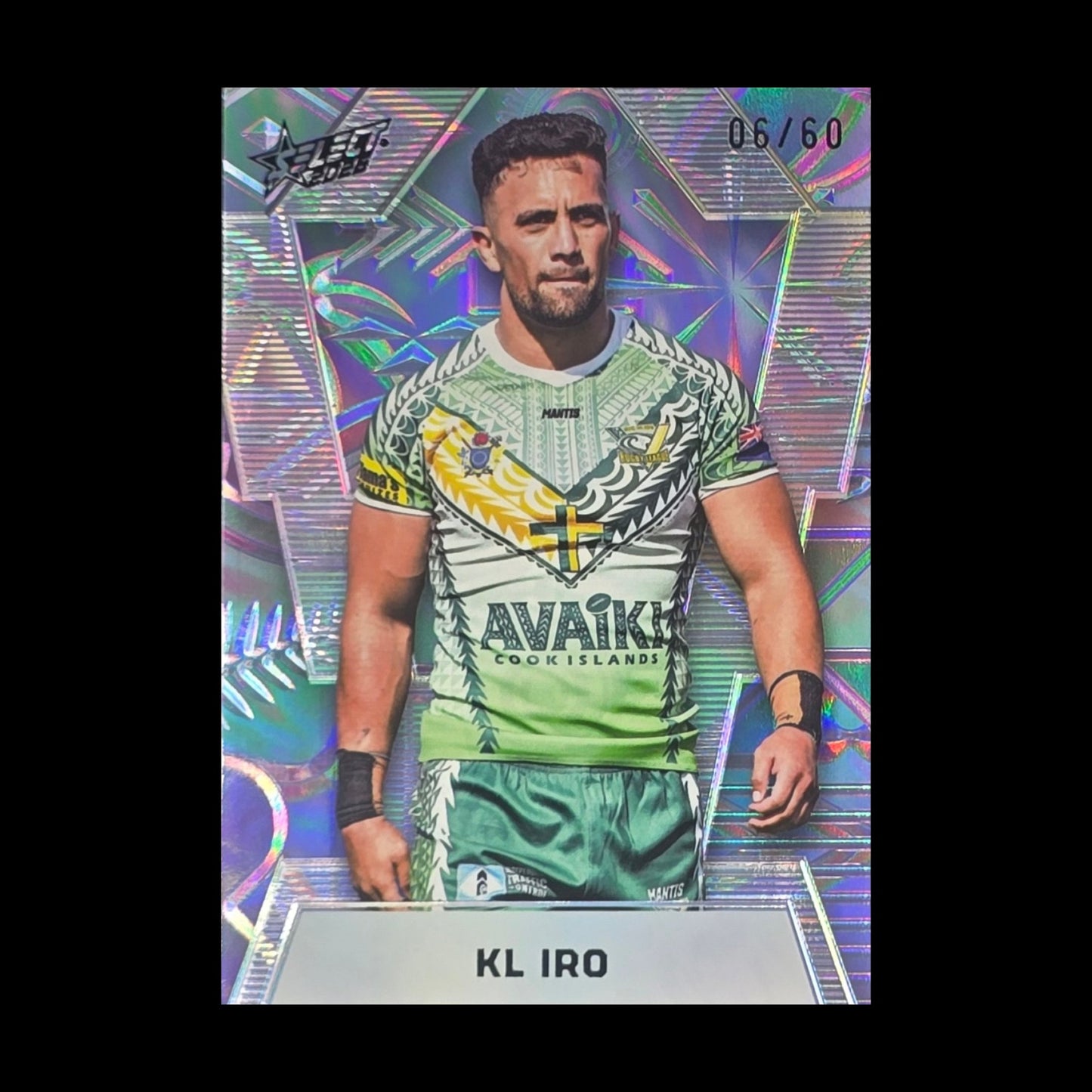 KL Iro 2026 Select Rugby League World Cup Super Refractor SR10 Cook Islands rugby league trading card numbered 06 of 60