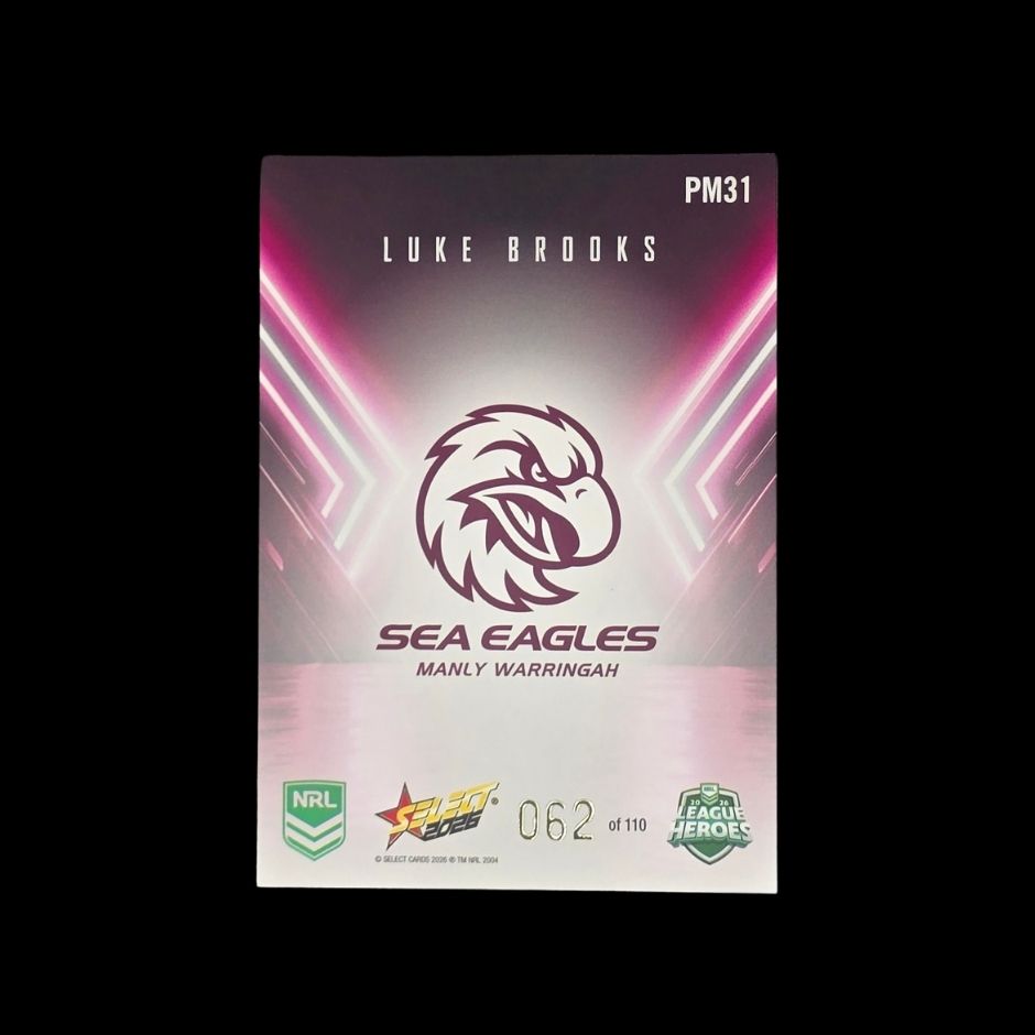 Luke Brooks 2026 Select League Heroes Playmaker PM31 Manly Warringah Sea Eagles trading card numbered 062 of 110
