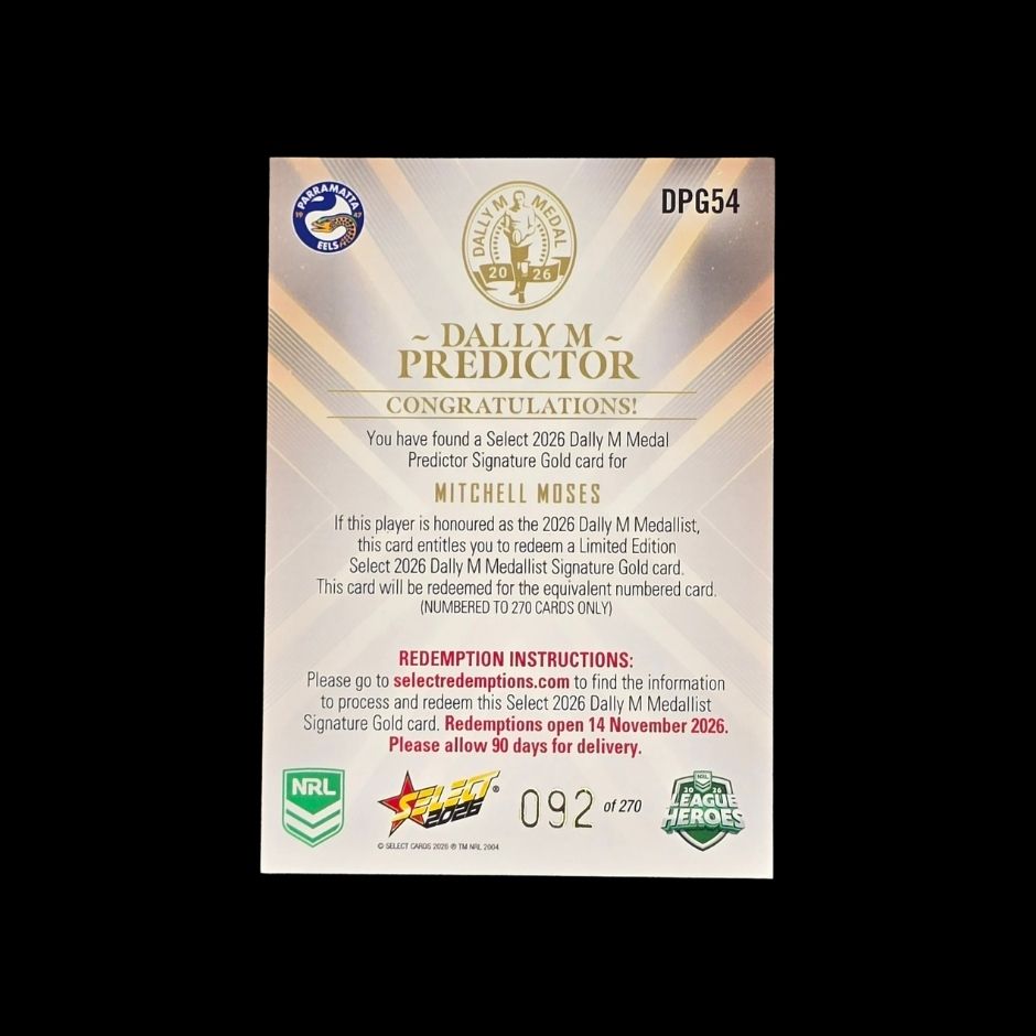 Mitchell Moses 2026 Select Dally M Predictor Signature Gold DPG54 Parramatta Eels trading card numbered 092 of 270