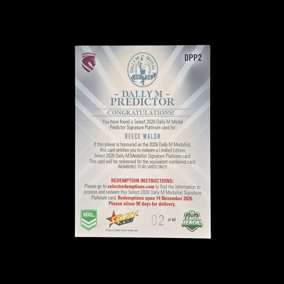 2026 Select NRL League Heroes Dally M Predictor Platinum trading card featuring premium foil redemption insert design.