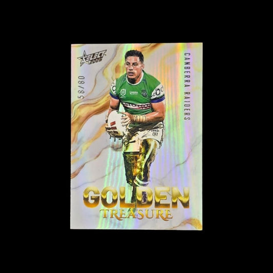 2026 NRL League Heroes Golden Treasure card featuring Canberra Raiders captain Joseph Tapine. Limited edition GT02 insert card, serial numbered 58/80, from the 2026 NRL League Heroes trading card collection. Premium gold foil design showcasing one of the Raiders’ elite forwards and leaders.