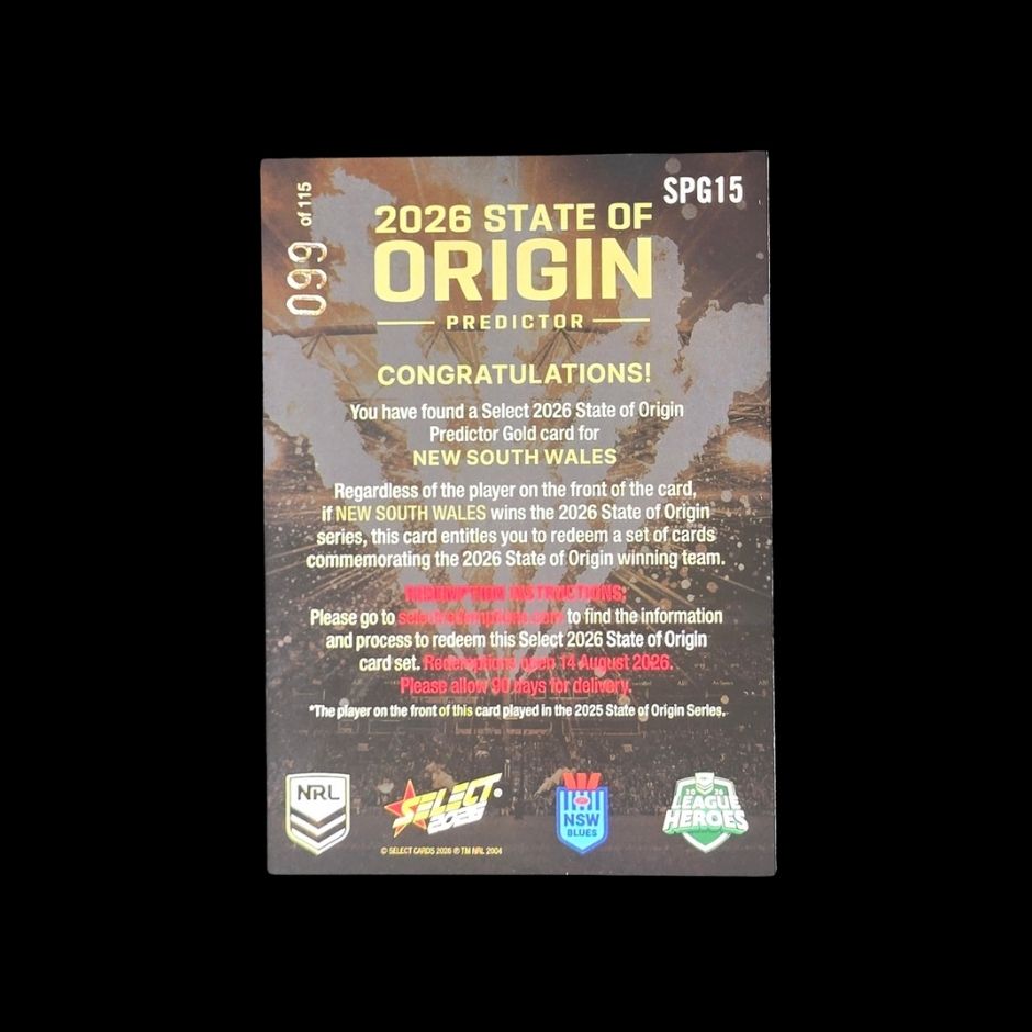 Limited edition 2026 Select State of Origin Predictor NRL trading card redeemable for exclusive champions team set.