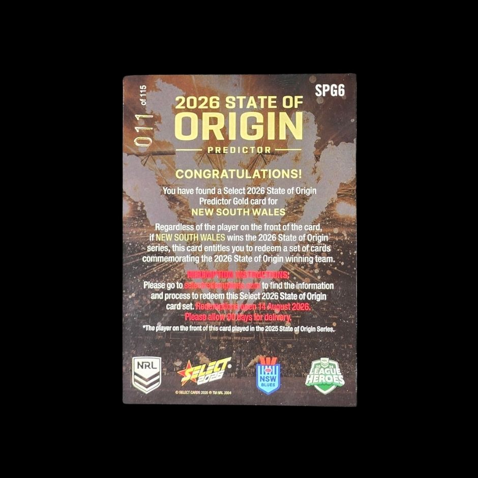 Limited edition 2026 Select State of Origin Predictor NRL trading card redeemable for exclusive champions team set.