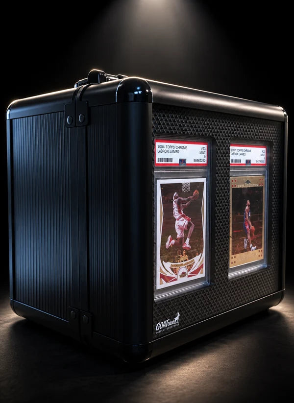 GOATcase APEX 2-Row displaying graded trading cards in the built-in display panel