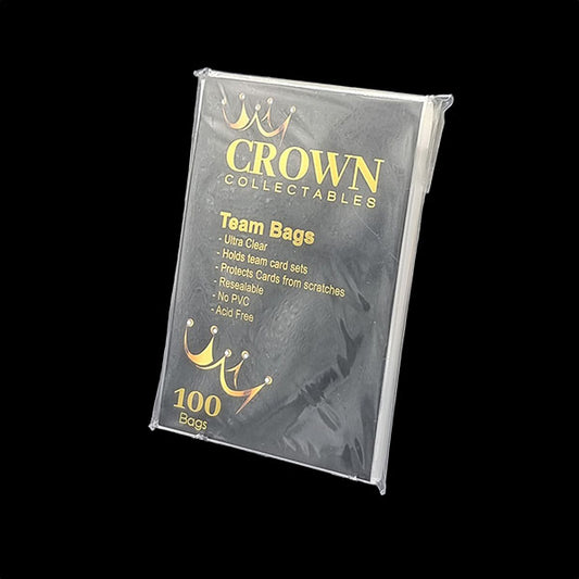 Clear resealable team bags, designed to protect and organize multiple trading cards with an adhesive strip closure.