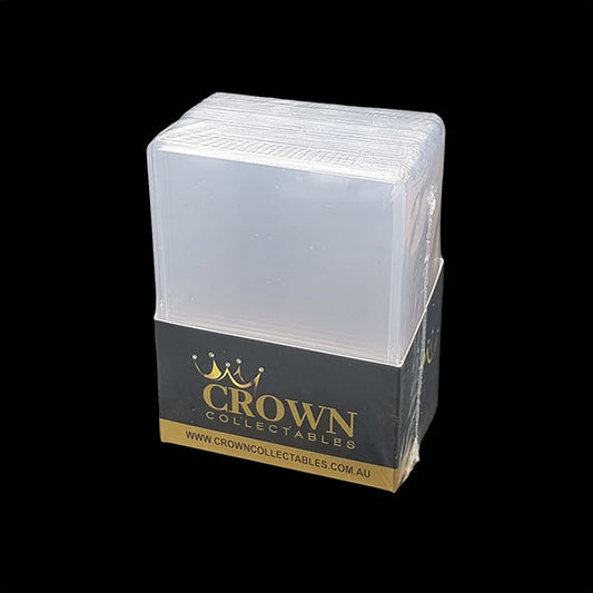Clear 35pt toploader card protector, rigid plastic, ideal for protecting standard-sized trading cards.
