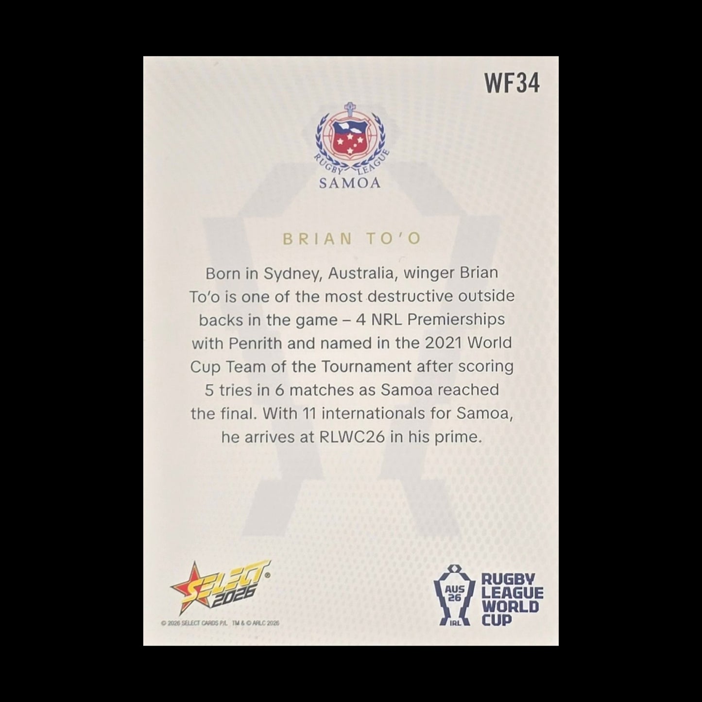 Brian To'o 2026 Select Rugby League World Cup World Cup's Finest WF34 Samoa rugby league trading card numbered 17 of 80 - back
