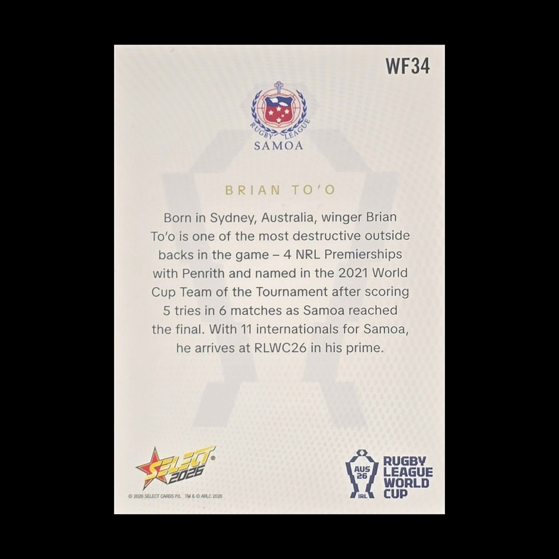 Brian To'o 2026 Select Rugby League World Cup World Cup's Finest WF34 Samoa rugby league trading card numbered 17 of 80 - back