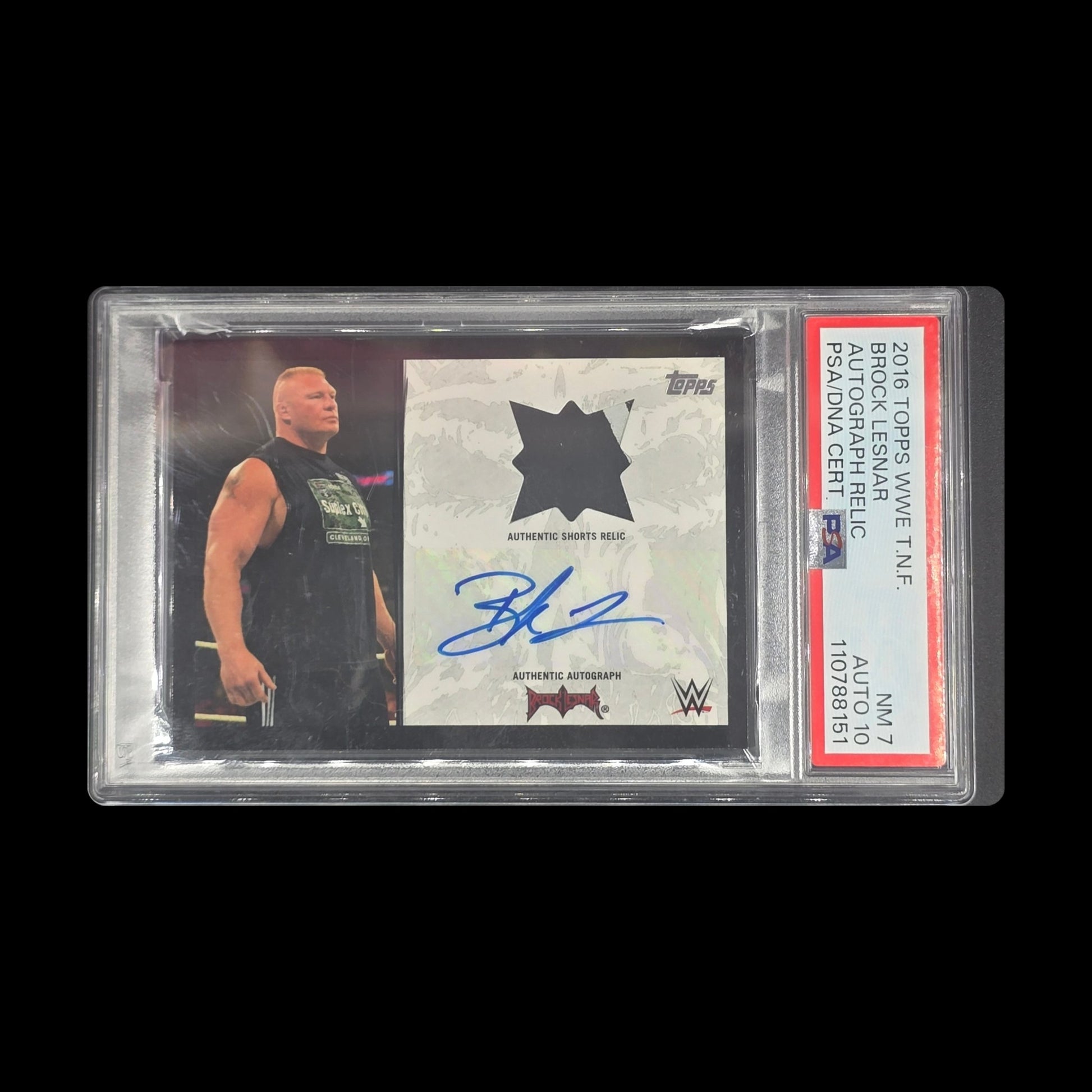 Brock Lesnar 2016 Topps WWE Then Now Forever autograph relic card numbered 23 of 25 graded PSA 7 Auto 10 slab - front