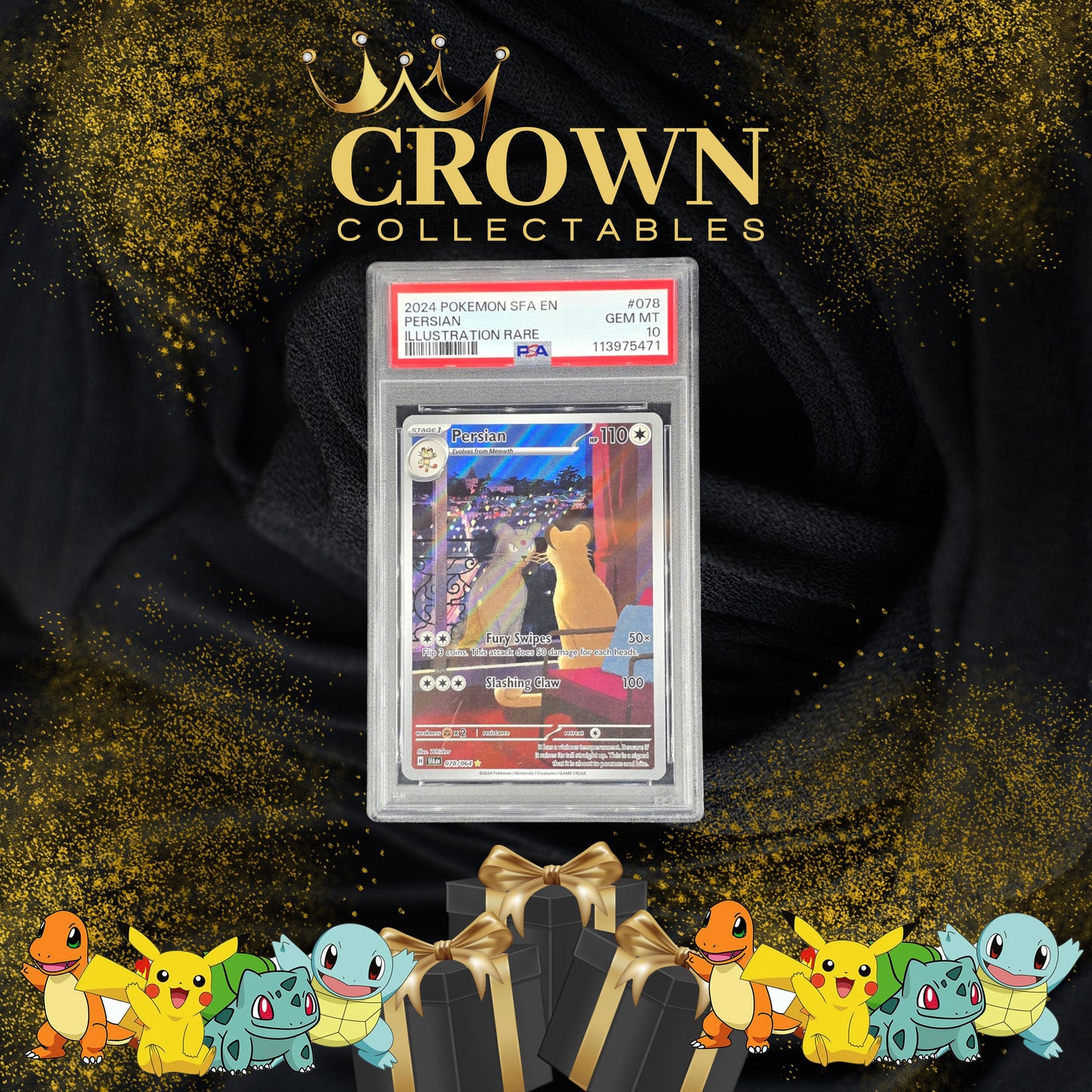 2024 Pokémon Persian Illustration Rare PSA 10 Gem Mint graded card available as a chase hit in Crown Collectables Gold Edition Series 4 Pokémon repack.