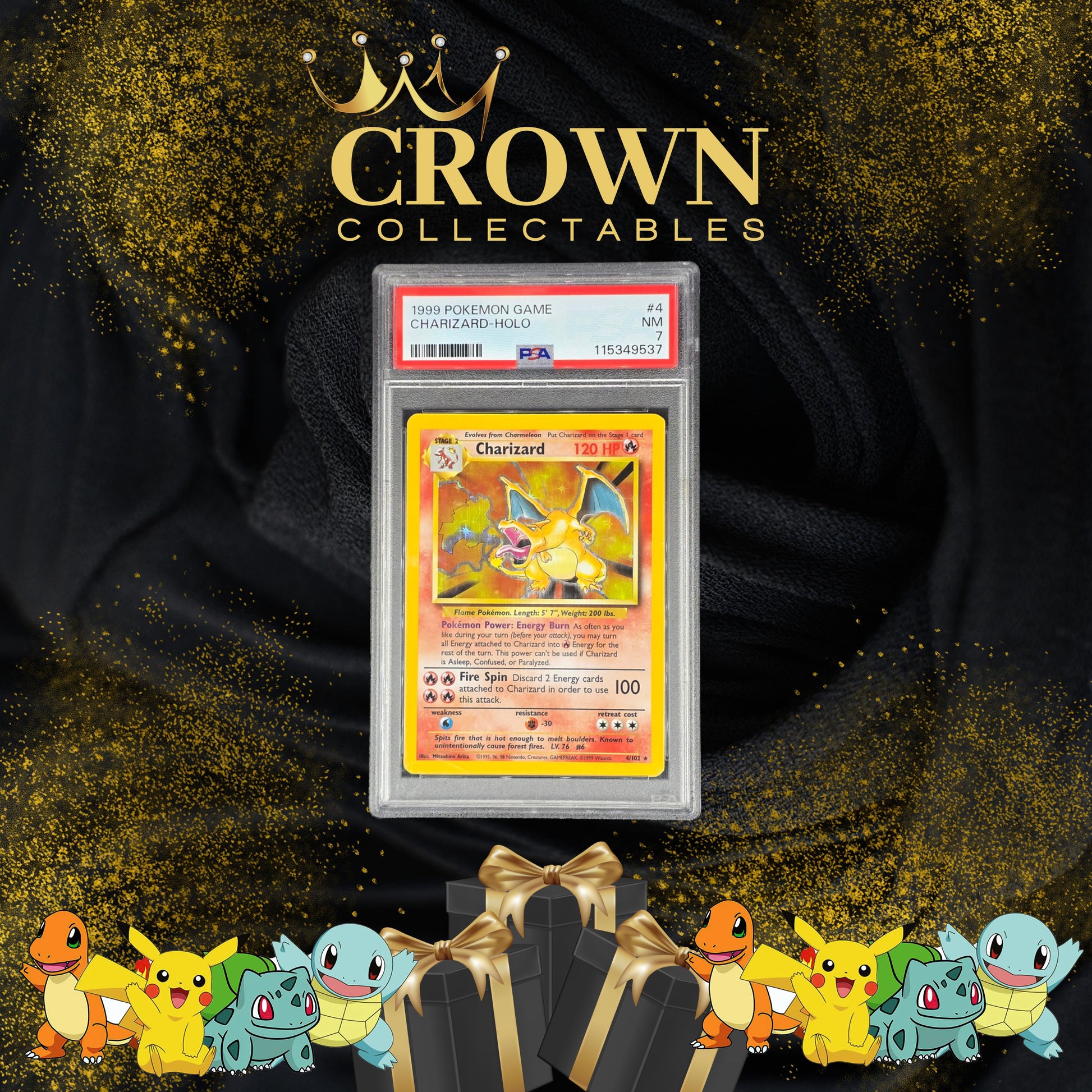 1999 Pokémon Base Set Charizard Holo PSA 7 graded card featured as a major chase hit in Crown Collectables Gold Edition Series 4 Pokémon mystery box.