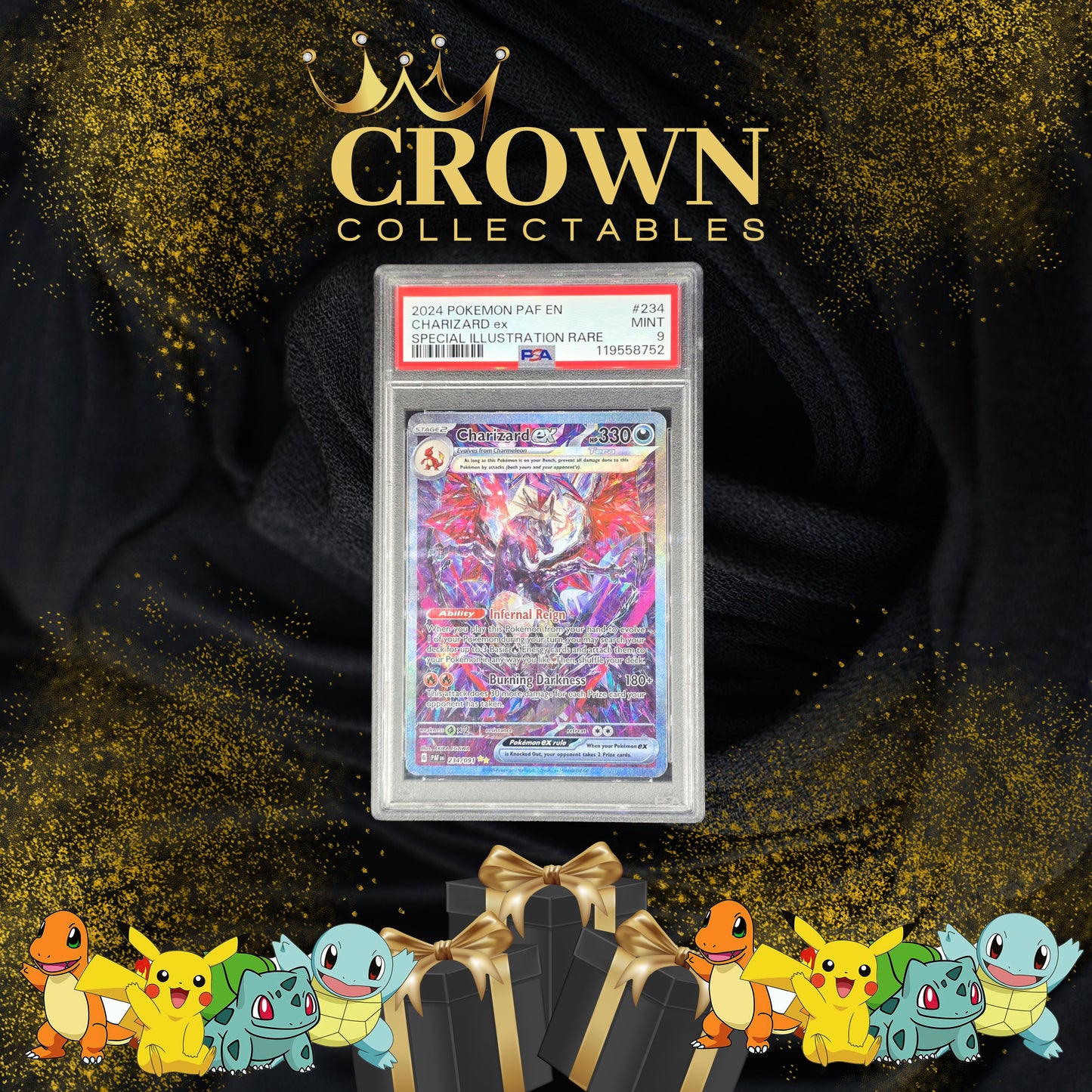 2024 Pokémon Charizard ex Special Illustration Rare PSA 9 graded card featured as a major chase card in Crown Collectables Gold Edition Series 4.