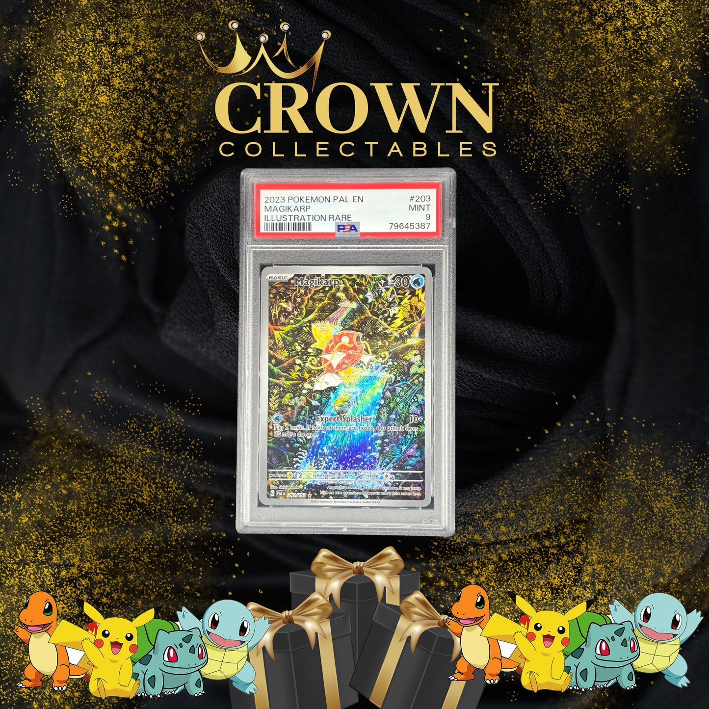 2023 Pokémon Magikarp Illustration Rare PSA 9 graded card featured as a premium chase hit in Crown Collectables Gold Edition Series 4.