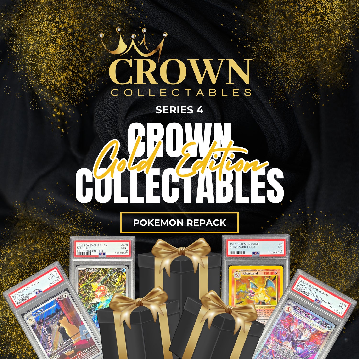 Crown Collectables Series 4 Gold Edition Pokemon Repack with cards and boxes on a dark background.