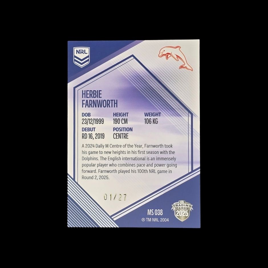 Herbie Farnworth 2025 NRL Elite MS038 Blue Parallel Dolphins rugby league trading card numbered 01 of 27