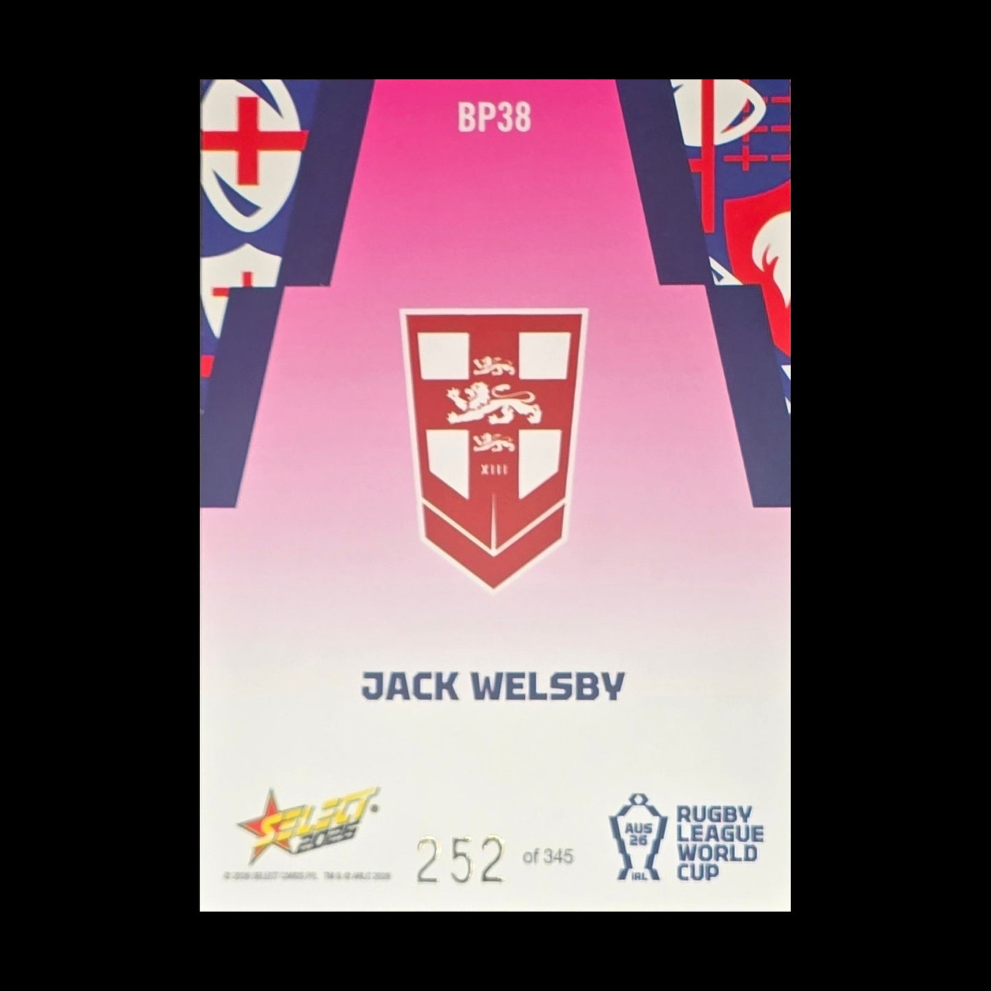 Jack Welsby 2026 Select Rugby League World Cup Base Parallel Pink BP38 England rugby league trading card numbered 252 of 345 - back