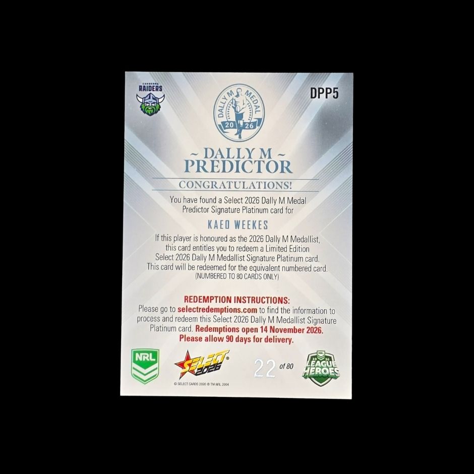 Kaeo Weekes 2026 Select Dally M Predictor Signature Platinum DPP5 Canberra Raiders trading card numbered 22 of 80