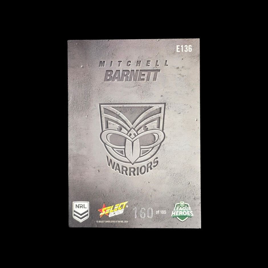 Mitchell Barnett 2026 Select League Heroes Etched E136 New Zealand Warriors trading card numbered 160 of 185