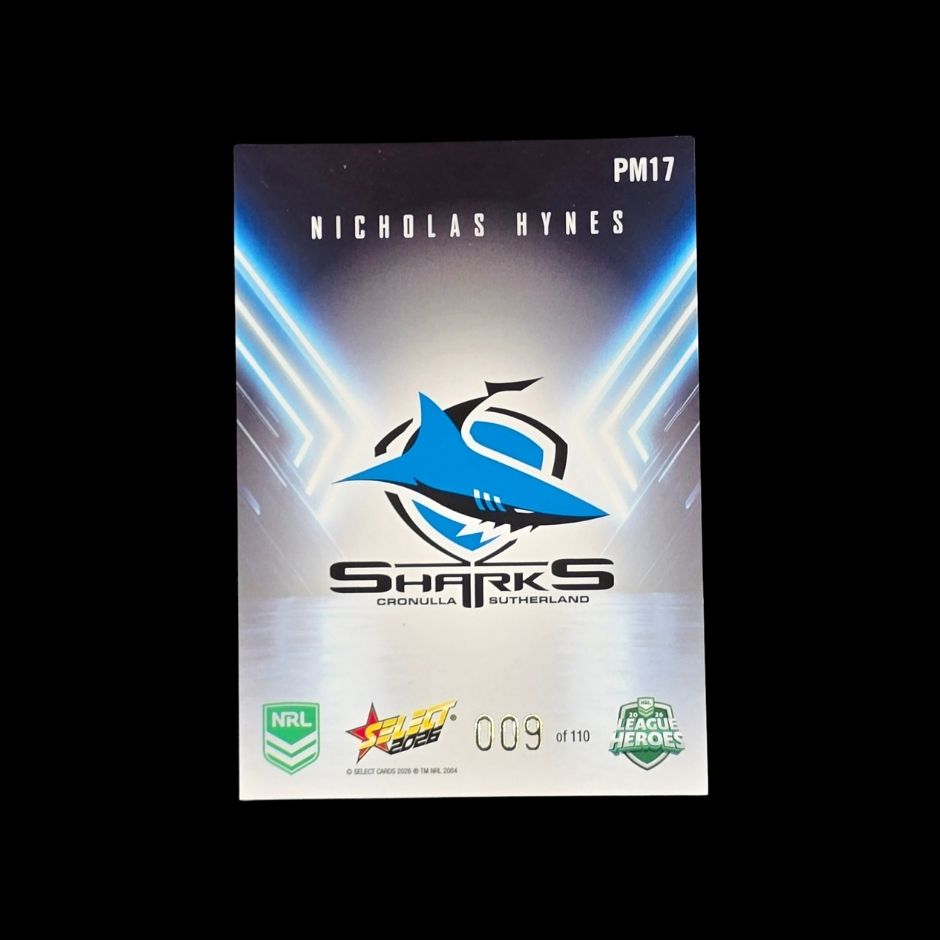 Nicholas Hynes 2026 Select League Heroes Playmakers PM17 Cronulla-Sutherland Sharks trading card numbered 009 of 110