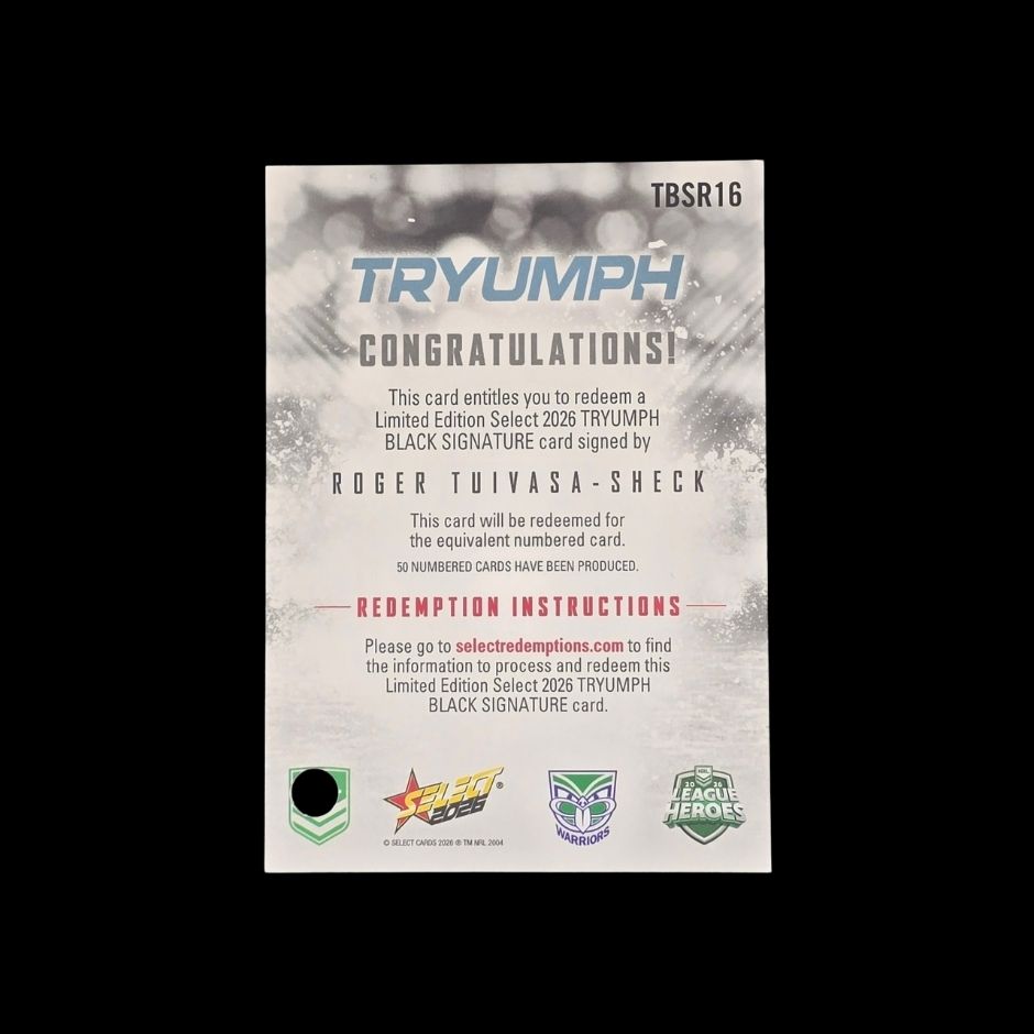 Roger Tuivasa-Sheck 2026 Select TRYUMPH Black Signature TBS16 Warriors trading card numbered 10 of 50