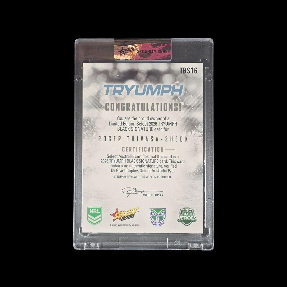 Roger Tuivasa-Sheck 2026 Select TRYUMPH Black Signature TBS16 Warriors trading card numbered 10 of 50