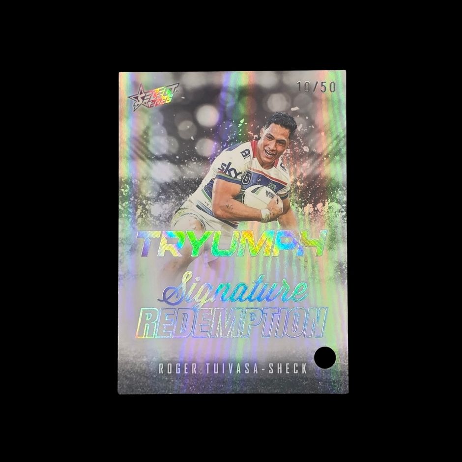 Roger Tuivasa-Sheck 2026 Select TRYUMPH Black Signature TBS16 Warriors trading card numbered 10 of 50