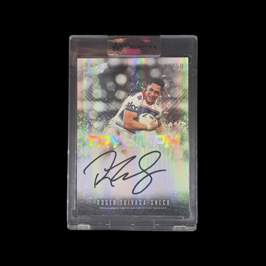 Roger Tuivasa-Sheck 2026 Select TRYUMPH Black Signature TBS16 Warriors trading card numbered 10 of 50