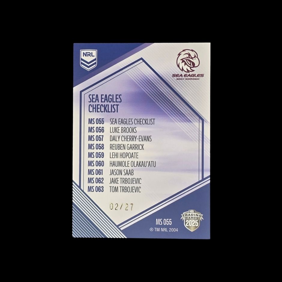 Sea Eagles Checklist 2025 NRL Elite MS055 Sapphire Parallel Manly Warringah Sea Eagles rugby league trading card numbered 02 of 27