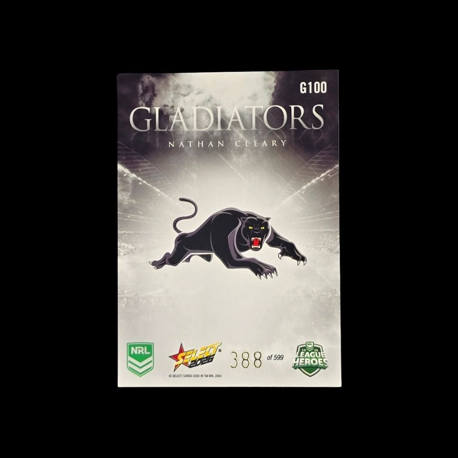 2026 Select NRL League Heroes Gladiators trading card featuring silver rainbow foil insert design.