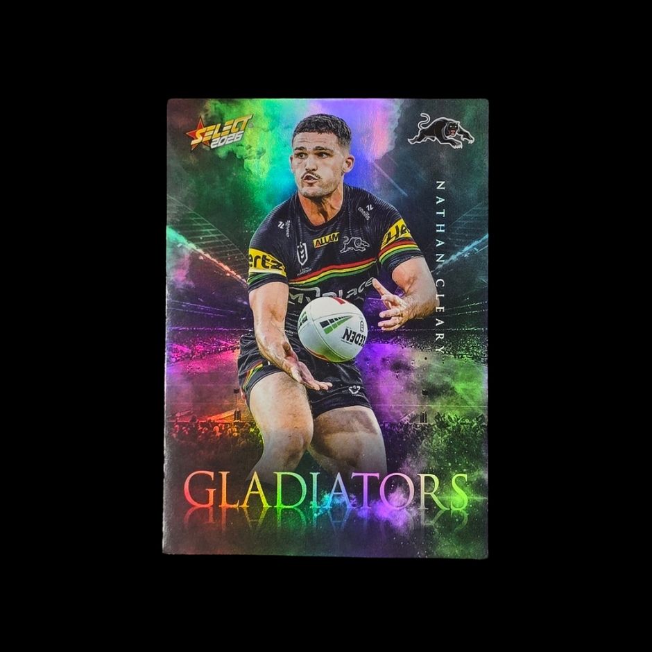 2026 Select NRL League Heroes Gladiators trading card featuring silver rainbow foil insert design.