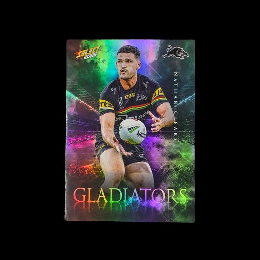 2026 Select NRL League Heroes Gladiators trading card featuring silver rainbow foil insert design.