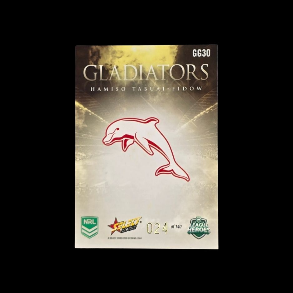 2026 Select NRL League Heroes Gladiators Gold trading card featuring premium gold rainbow foil design.
