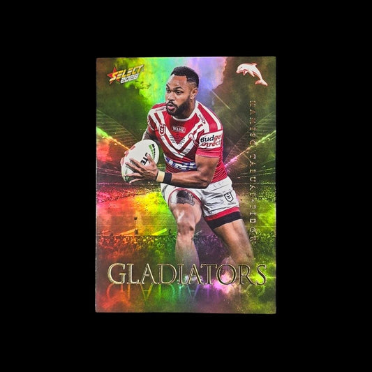 2026 Select NRL League Heroes Gladiators Gold trading card featuring premium gold rainbow foil design.