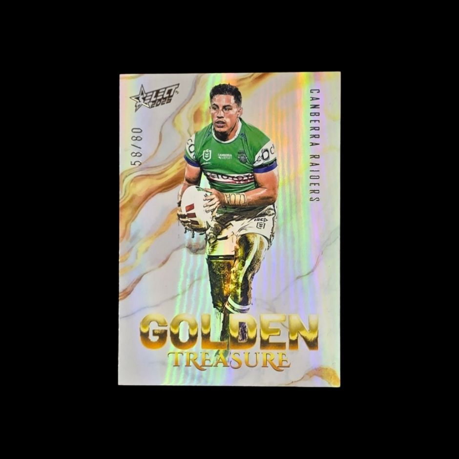 2026 NRL League Heroes Golden Treasure card featuring Canberra Raiders captain Joseph Tapine. Limited edition GT02 insert card, serial numbered 58/80, from the 2026 NRL League Heroes trading card collection. Premium gold foil design showcasing one of the Raiders’ elite forwards and leaders.
