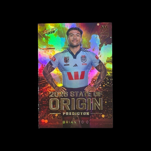Limited edition 2026 Select State of Origin Predictor NRL trading card redeemable for exclusive champions team set.