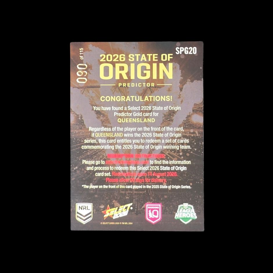 Limited edition 2026 Select State of Origin Predictor NRL trading card redeemable for exclusive champions team set.