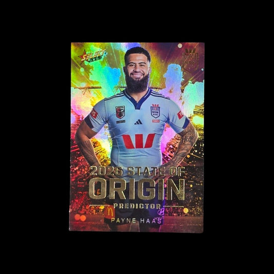 Limited edition 2026 Select State of Origin Predictor NRL trading card redeemable for exclusive champions team set.